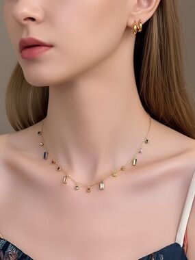 18k Gold Plated Multicolour CZ Mixed Cut Drop Necklace. New.
